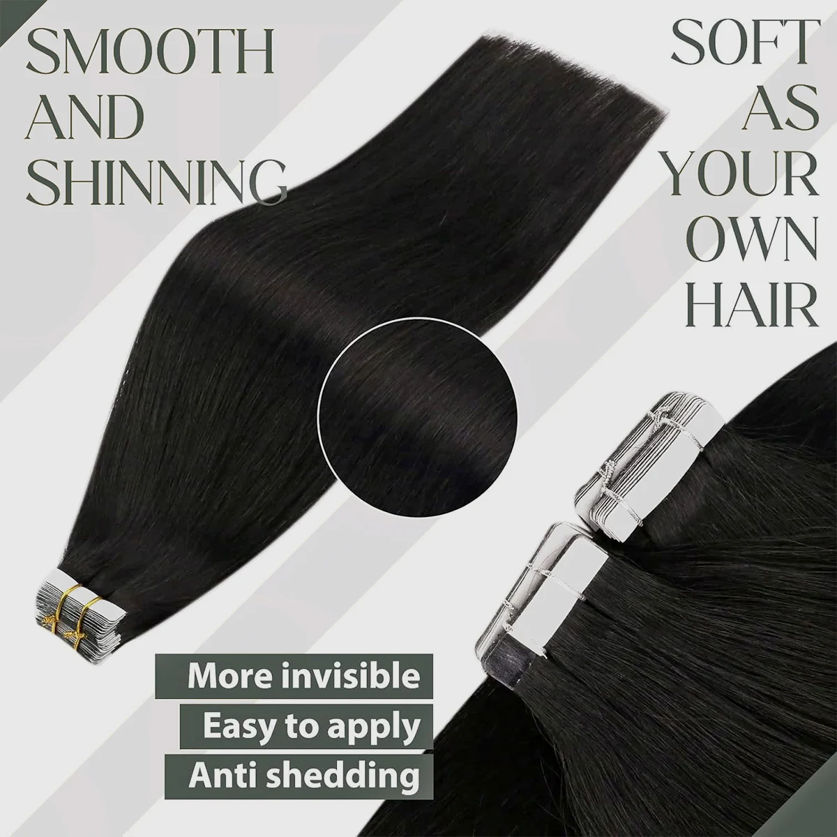 Ekstensi Rambut Tempel 100% Rambut Asli Manusia untuk Wanita Menambah Panjang dan Volume Rambut 50g 20Pcs Hitam Jet Lurus Rambut Remy