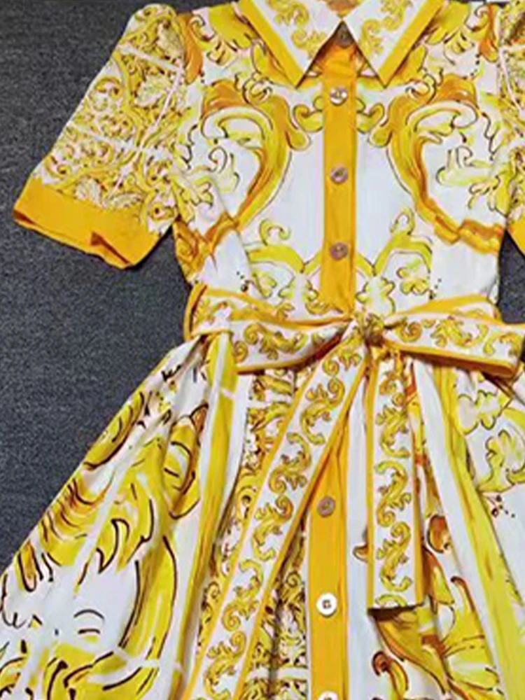 2025 الصيف المنصة جديد طية صدر السترة قصيرة الأكمام قميص مطبوع فستان مزاجه واحدة الصدر الدانتيل الخصر سوينغ ألف خط تنورة.