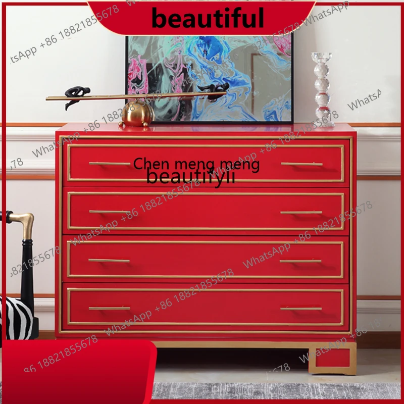 

American country solid wood home Mediterranean bedside bedroom storage Chinese red sofa side cabinet decoration H