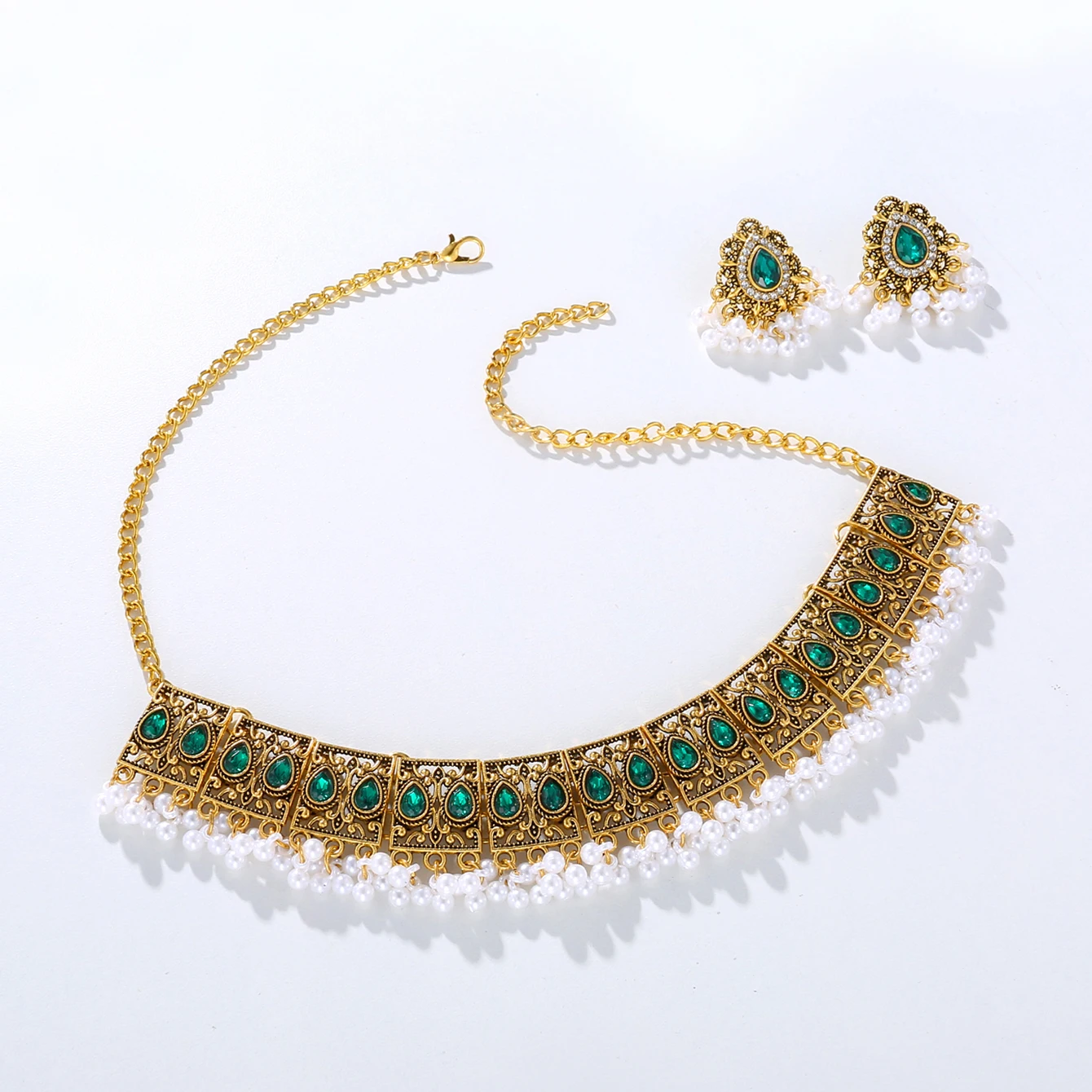 Luxury Vintage Indian Jewelry Set Antique Gold Plated Crystal Zircon Necklace Earrings Sets Ethnic Bridal Wedding Bijoux Gifts