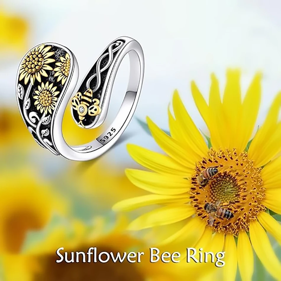 

925 Sterling Silver Bee Daisy Ring Adjustable Bohemian Vintage Style Jewelry
