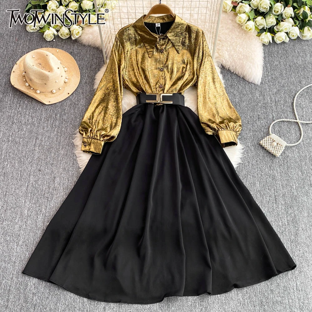 TWOTWINSTYLE Hit Color Spliced Sashes Chic Dresses For Women Lapel Long Sleeve Patchwork Button Fashion Dresses Female KDR518236