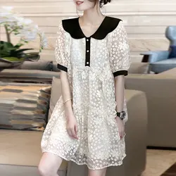 Sweet Peter Pan Collar Chic Button Midi Dresses Women's Clothing Casual Loose Spliced Summer Puff Sleeve Commute Chiffon Dress