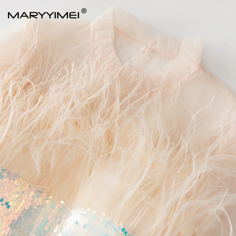 MARYYIMEI Fashion Designer spring Summer Women\'s Lantern Sleeved Feathers Sequins Mesh Flounced Edge Sashes Elegant Dresses