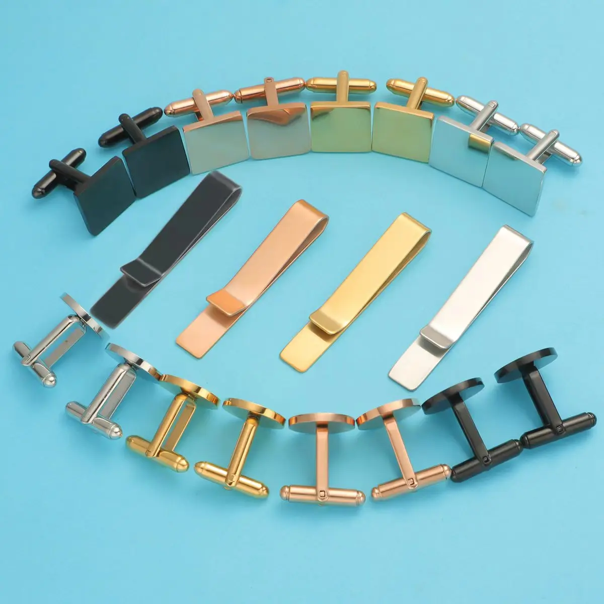 High Quality Stainless Steel Mirror Polish Round Square Cufflinks and Tie Clip Set For DIY Jewelry Making Accessories