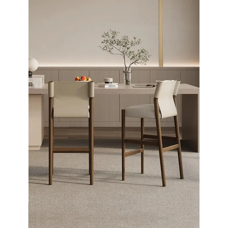 YZ-6 Home High Chair Saddle Leather Medium Antique Silver Goose Solid Wood Bar Chair Backrest Chair