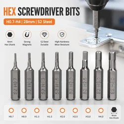 4mm Hex Shank Magnetic Screwdriver Bit Set H0.7-H4 x 28mm, High Strength Steel, for Electric Drill Power Tool Assembly Repair