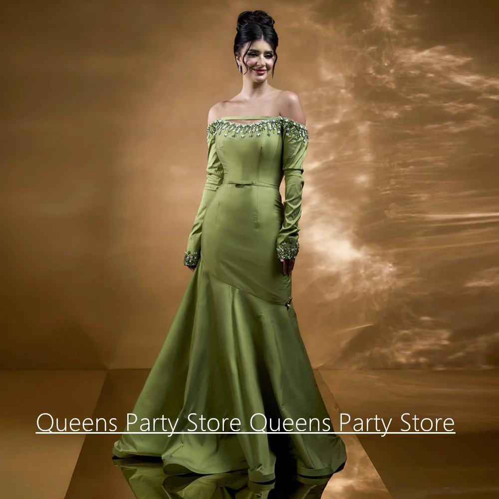 Olive Green Saud Evening Dess Arabian Prom Gown Customized Long Sleeves Beading Stone Sweep Train Mermaid Party Dresses