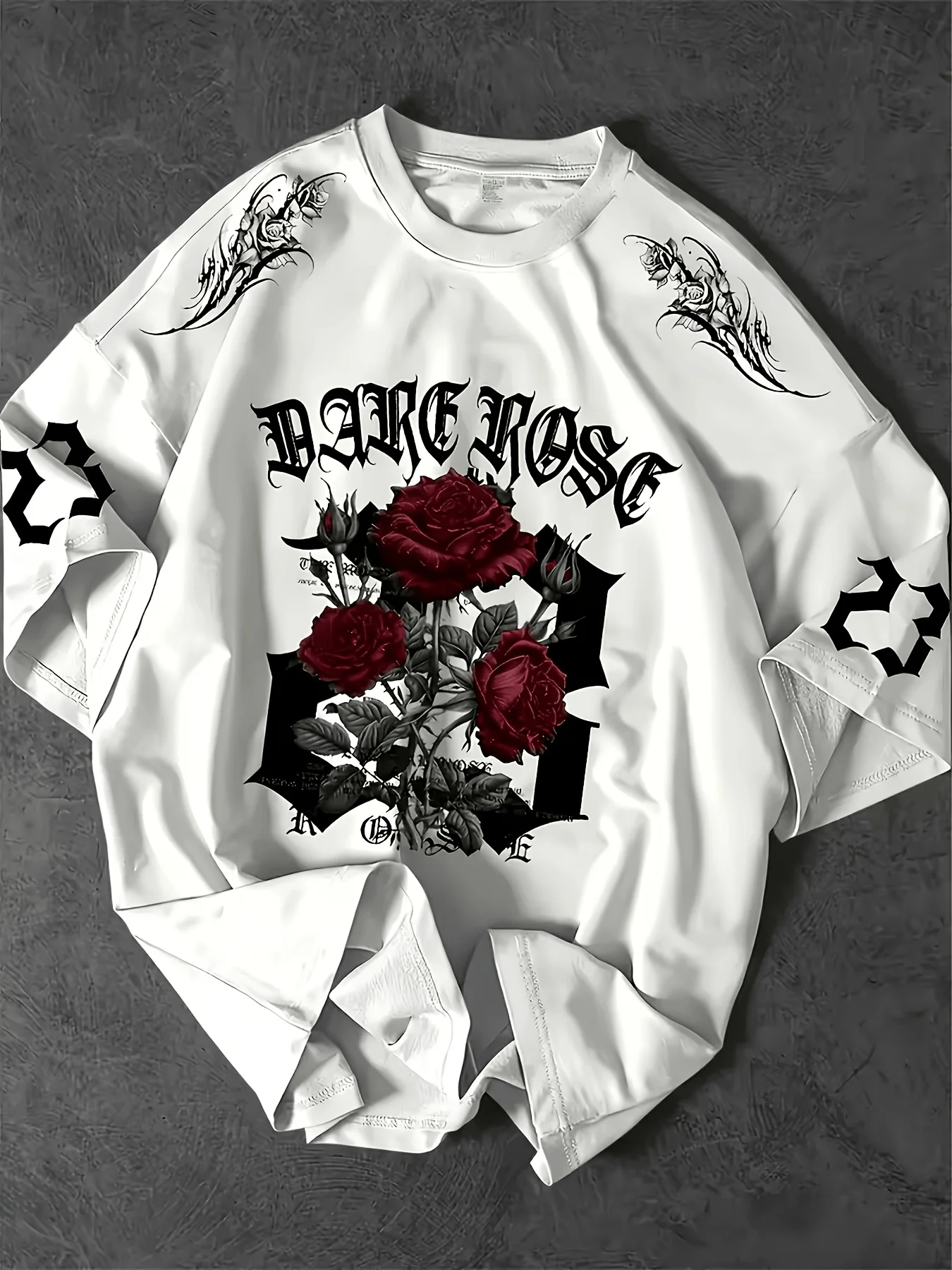 New Men's Dark Rose Letter Print T-Shirt Streetwear Hip-Hop Red Rose Design Round-Neck Summer Short-Sleeve Top