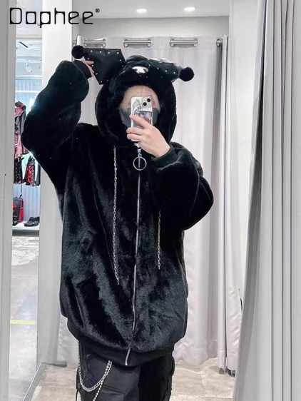 

Harajuku Subculture аниме плюшевая куртка милые уши с капюшоном утолщенные теплые куртки из искусственного меха японская девушка негабаритная куртка женская