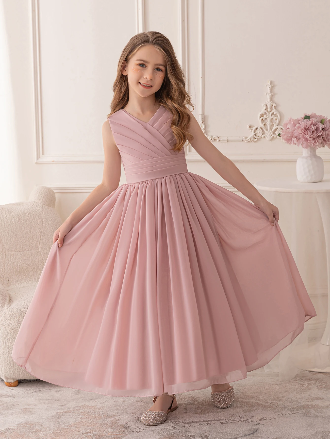 

Tween Girls Pink Chiffon Dresses Wedding Party Long Dress Evening Gown