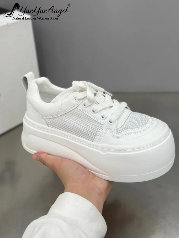 Women Summer Breathable Mesh Casual Shoes Lace Up Thick Platform Spliced Leather Pumps Lady Round Toe Low Cut  Skateboard Shoes