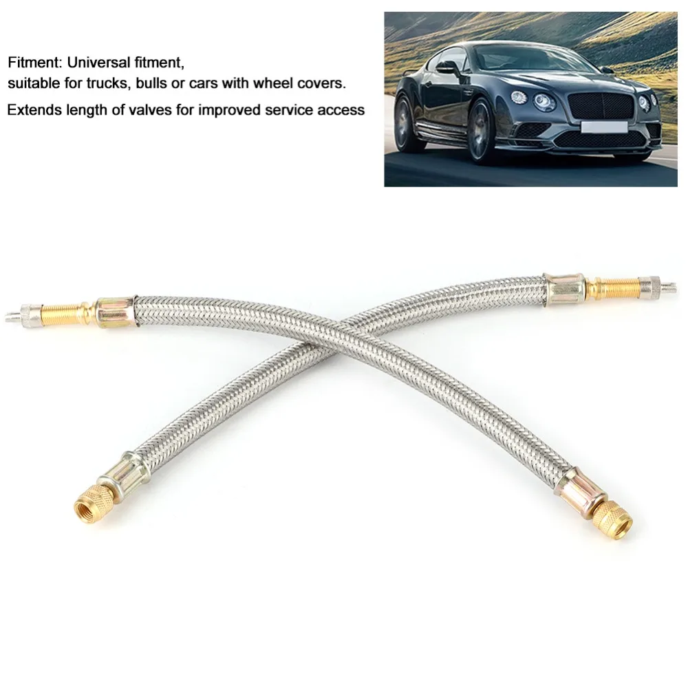 2PCS Stainless Steel Braided Tire Valve Stem Extension Two Lengths: 250mm / 300mm Universal Auto Tire Accessory Brass Fitting