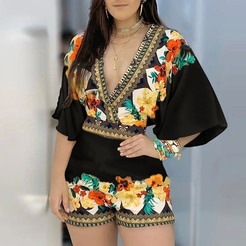 

2024 Jumpsuit Women 2023 Women Casual Floral Print Jumpsuit 2023 Backless 3/4 Sleeve Romper Women Clothes Monos Mujer Elegante