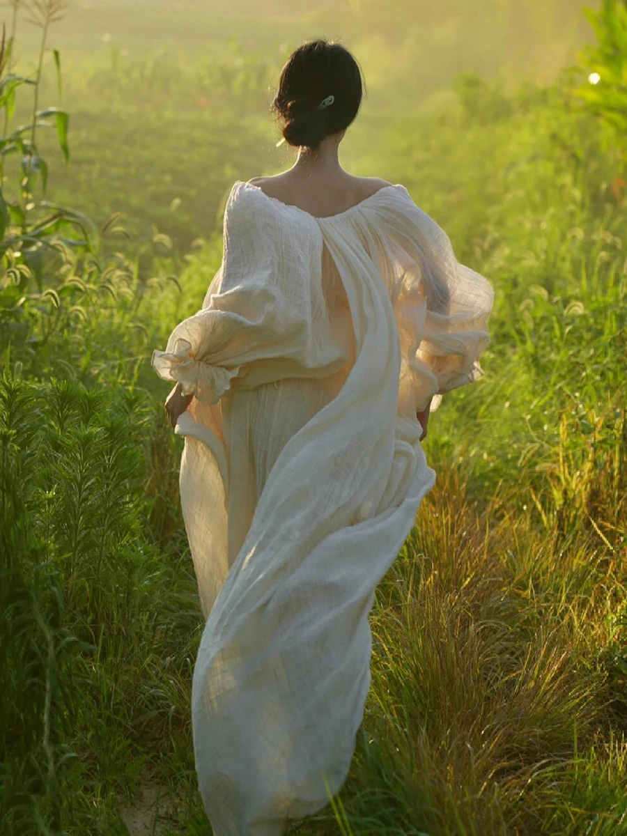 REDDACHiC Grecian Flowy Dress for Woman Linen Puff Sleeve Drawstring Solid Maxi Long Loose Sundress Boho Holiday Lounge Clothes