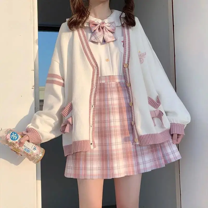 

Winter Japanese Kawaii Fashion Pink Cardigan Women Harajuku Knitted Sweater Cute Bow Heart Korean College Style JK Uniform Coat