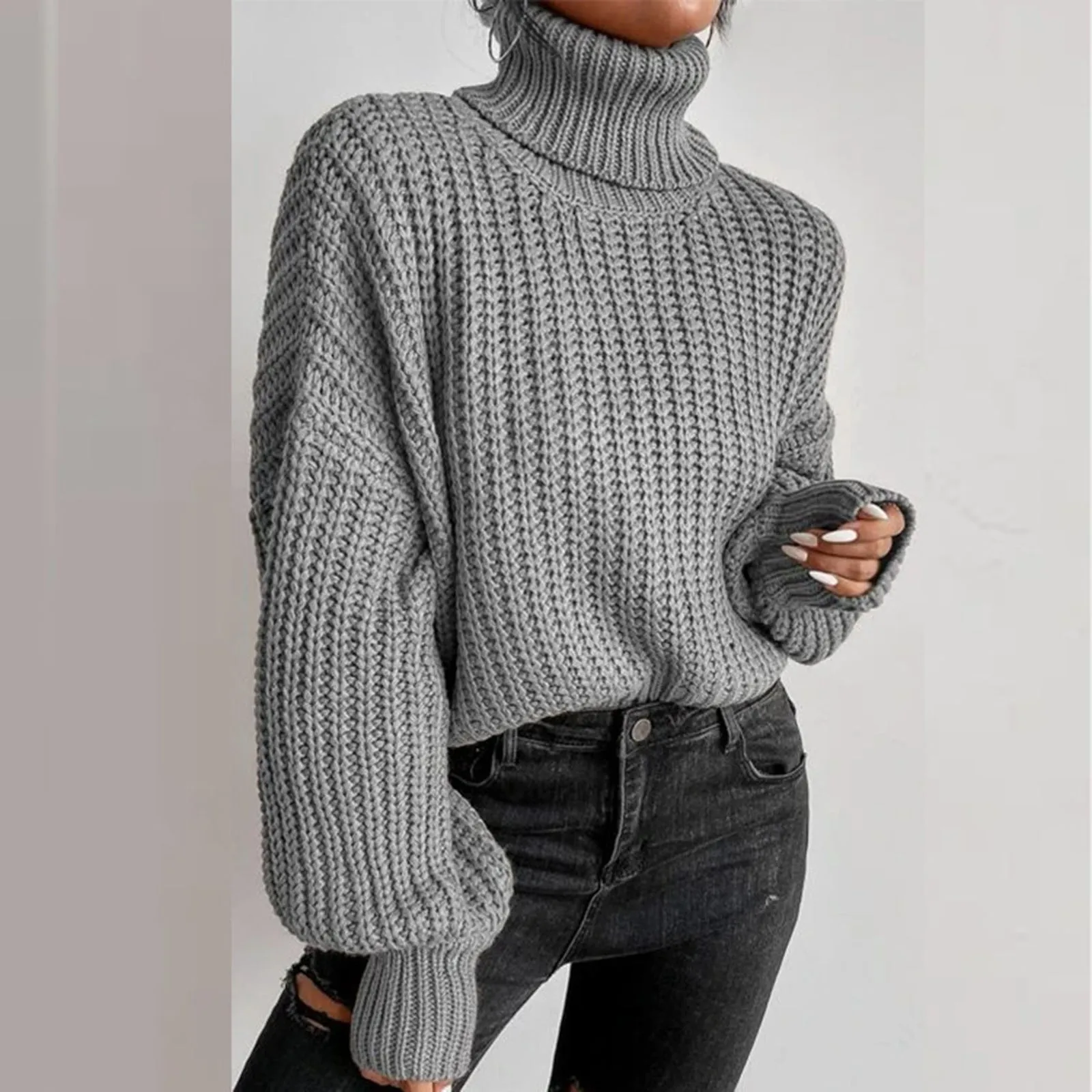 Suéter holgado de gran tamaño para mujer, jersey de cuello alto de punto elegante y cálido, Tops sólidos, Jersey de punto de moda, Otoño e Invierno