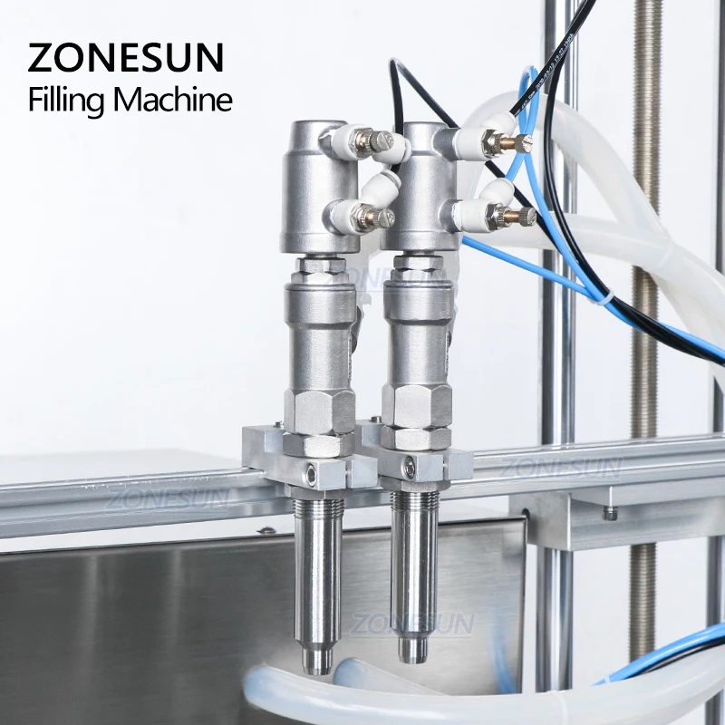 ZONESUN Desktop Automatic Gel Juice Liquid Shampoo Double Heads Filling Machine Beverage Bottle Filler With Chain Conveyor