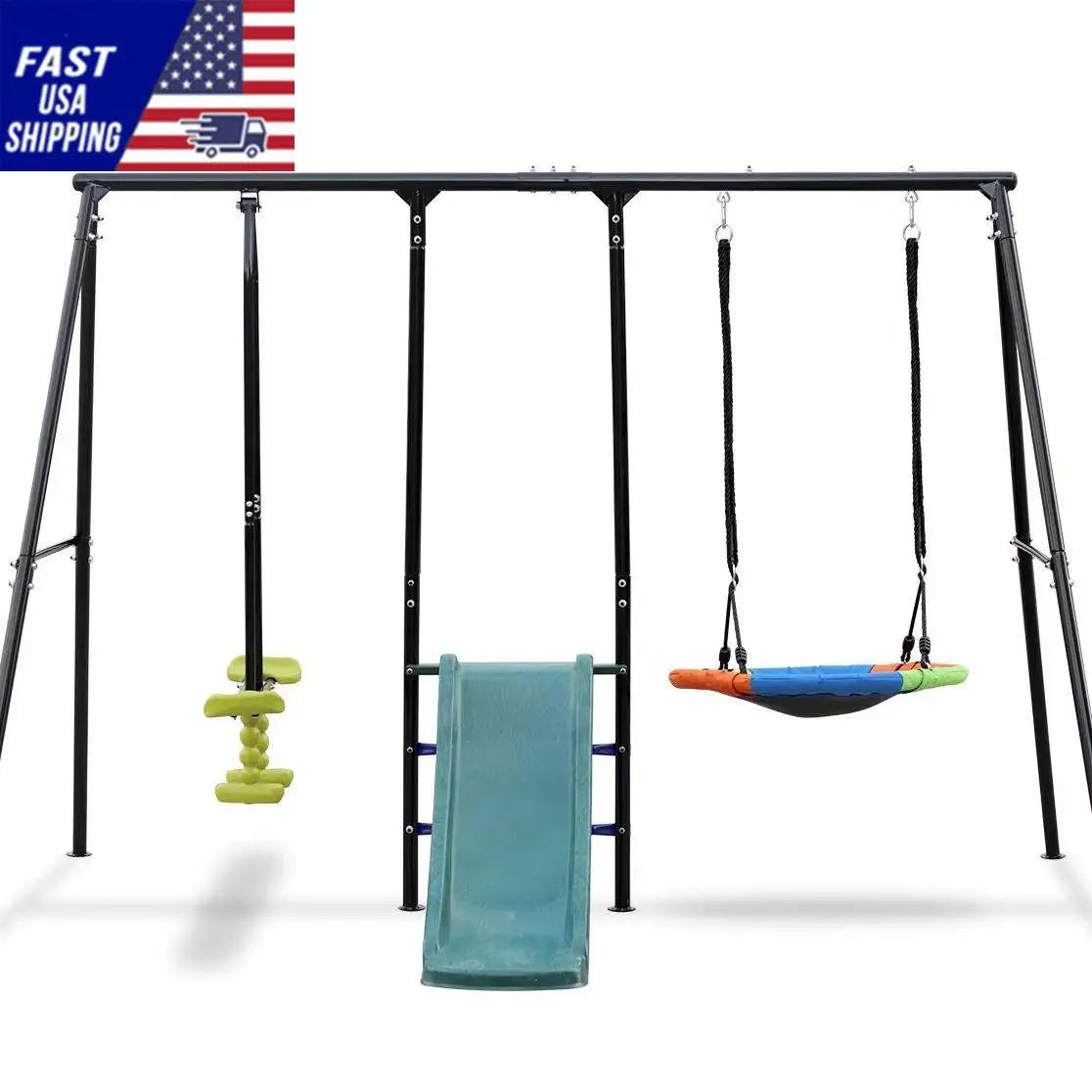 Swing Sets for Backyard, 550LBS Swingset Outdoor for Kids, Basketball Hoop, Climbing Ladder and Nets