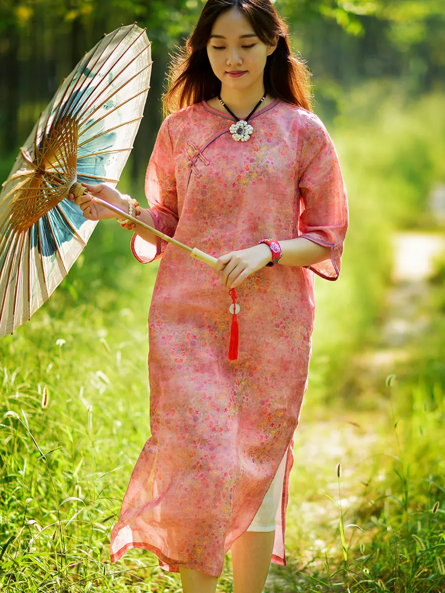 

Новое летнее женское платье-ципао в ретро-стиле из чистого льна с китайским принтом, традиционное китайское платье с высоким разрезом