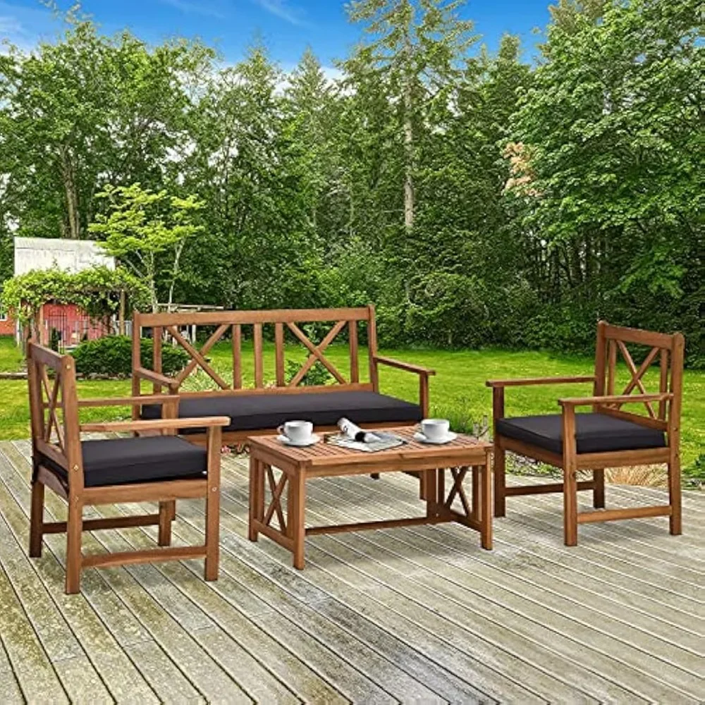 4 Piece Acacia Wood Outdoor Patio Furniture Set with 2 Armchairs, 1 Sofa, & 1 Coffee Table, Cushions Included