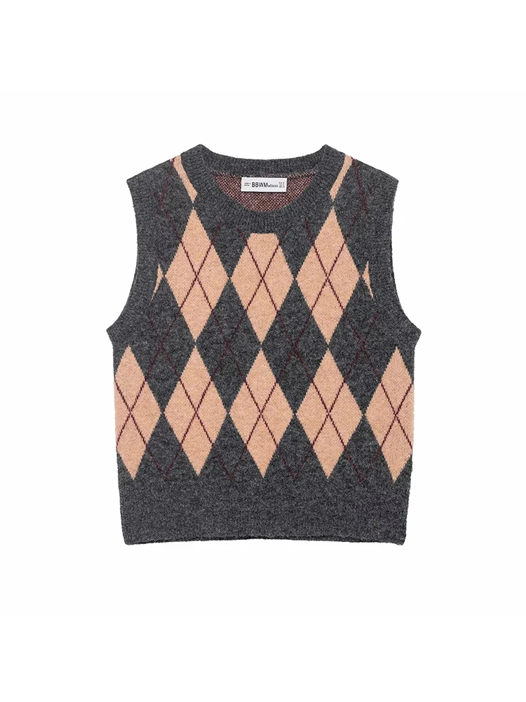 

Women Vintage Plaid Sweater Vest Women All-match Knitted Cozy Tender Soft O-neck Loose Temper Girls Streetwear