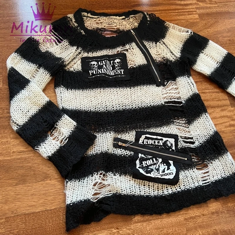 Gothic Punk Skull Patch Zipper Broken Sweater Women Harajuku Hollow Out Hole Knitted Jumper Streetwear Loose Female Pullover