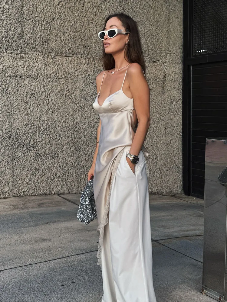 HH femmes mode asymétrie dentelle décorer mince robe en Satin femme été Sexy sans manches dos nu solide plage robe de soirée