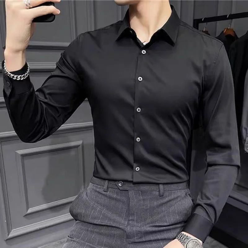 Fashion Lapel Button Solid Color Casual Shirts Men's Clothing 2023 Autumn New Oversized All-match Tops Long Sleeve Korean Shirt