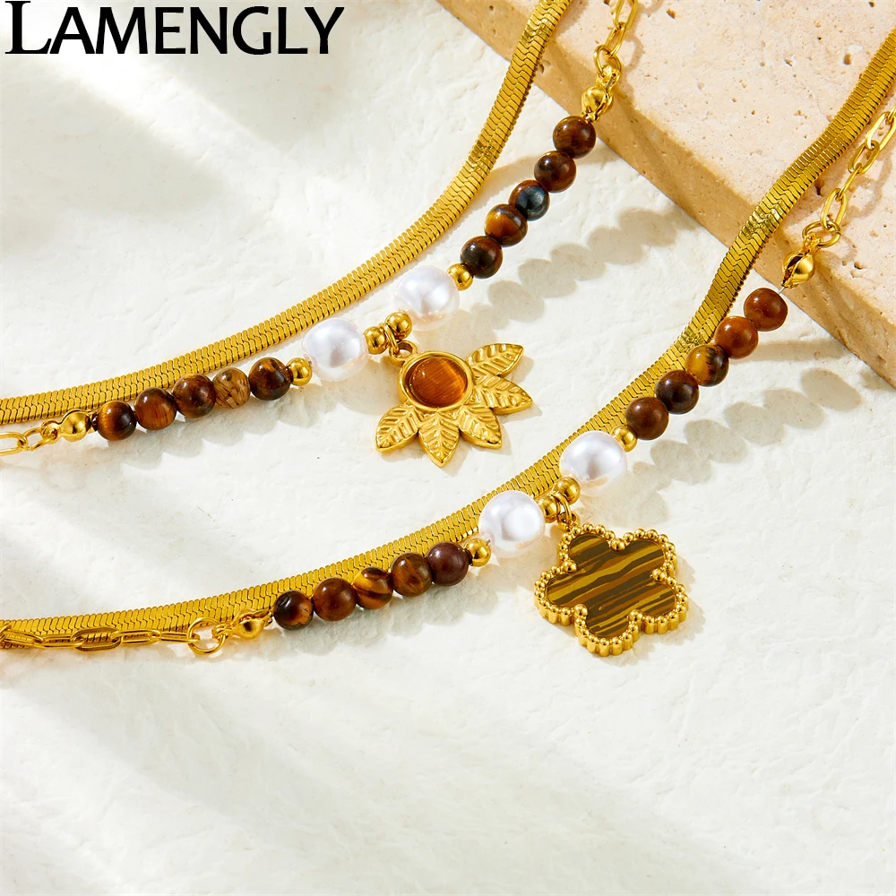 

LAMENGLY 316L Stainless Steel Double-Layer Amber Bead 5-Leaf Flower Bracelet For Women Girl Novel Trend Wrist Jewelry Party Gift