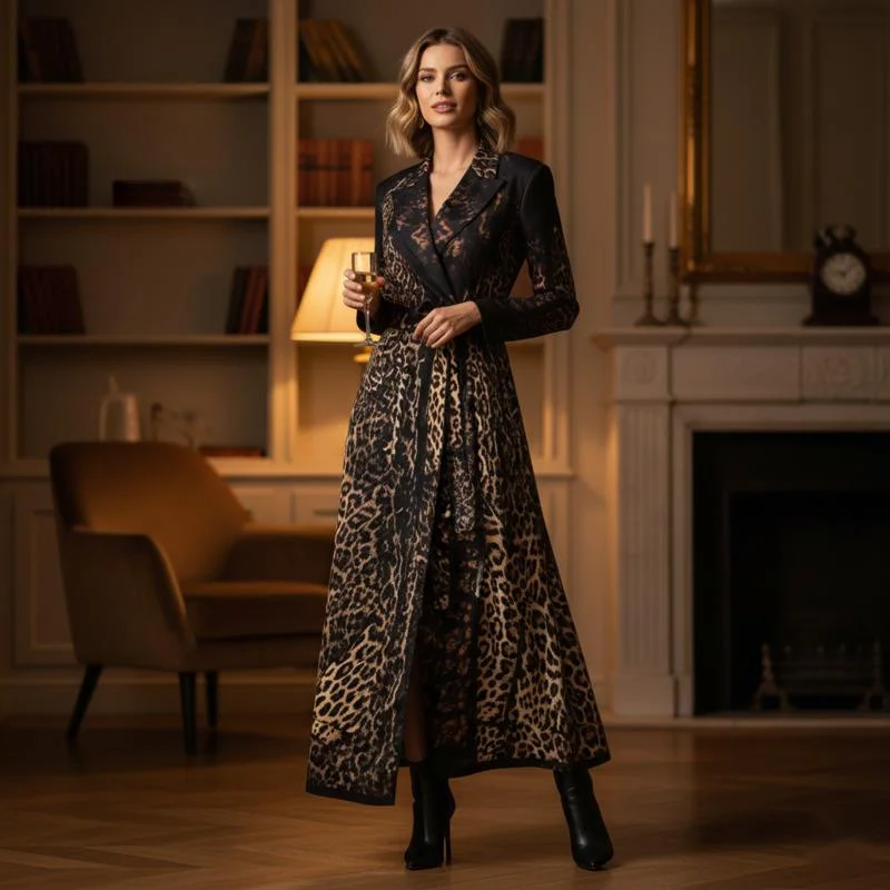 Leopard Print Trench Coat For Women With Lapel Neck Full Sleeves Adjustable Belt Fall Winter Street Style Casual Outwear Jacket