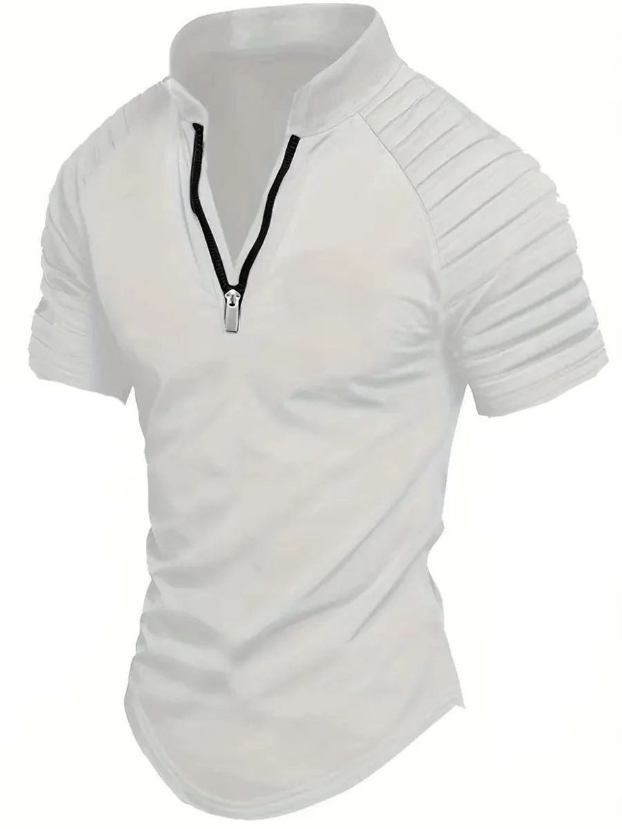 Men's short-sleeved polo shirt with half zip, stand-up collar, fashionable solid color, pleated elastic shoulders and slim fit.