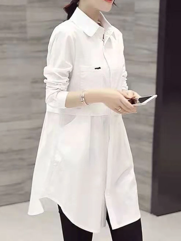 All-match Button Solid Midi Autumn Blouse for Female 2023 Korean Fashion Spliced Shirt Loose Long Sleeve Winter Polo-Neck Shirt