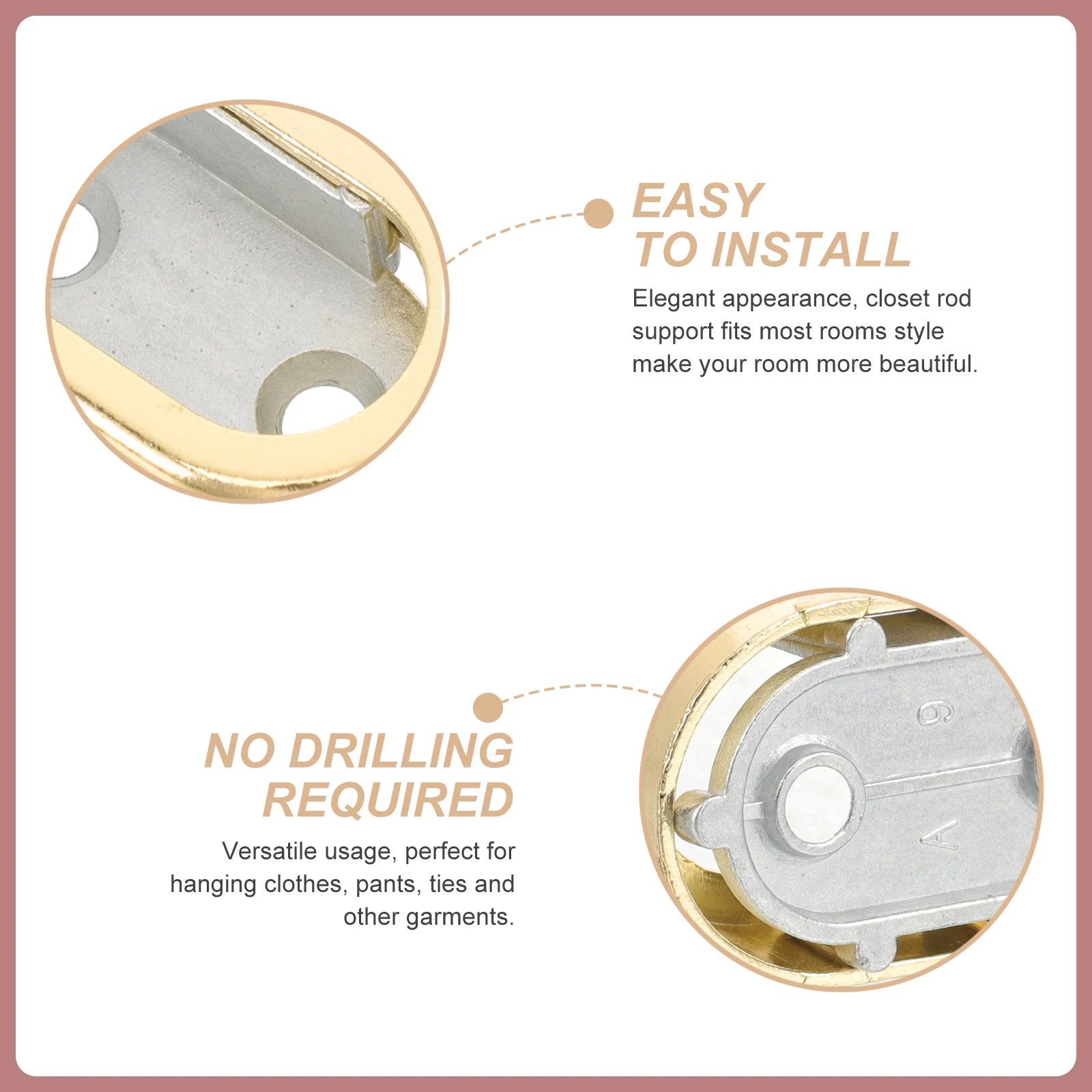 

2pcs Heavy Duty Zinc Alloy Closet Rod Support No Drill Installation For Clothes Pants Ties Shower Curtain Rod Holder