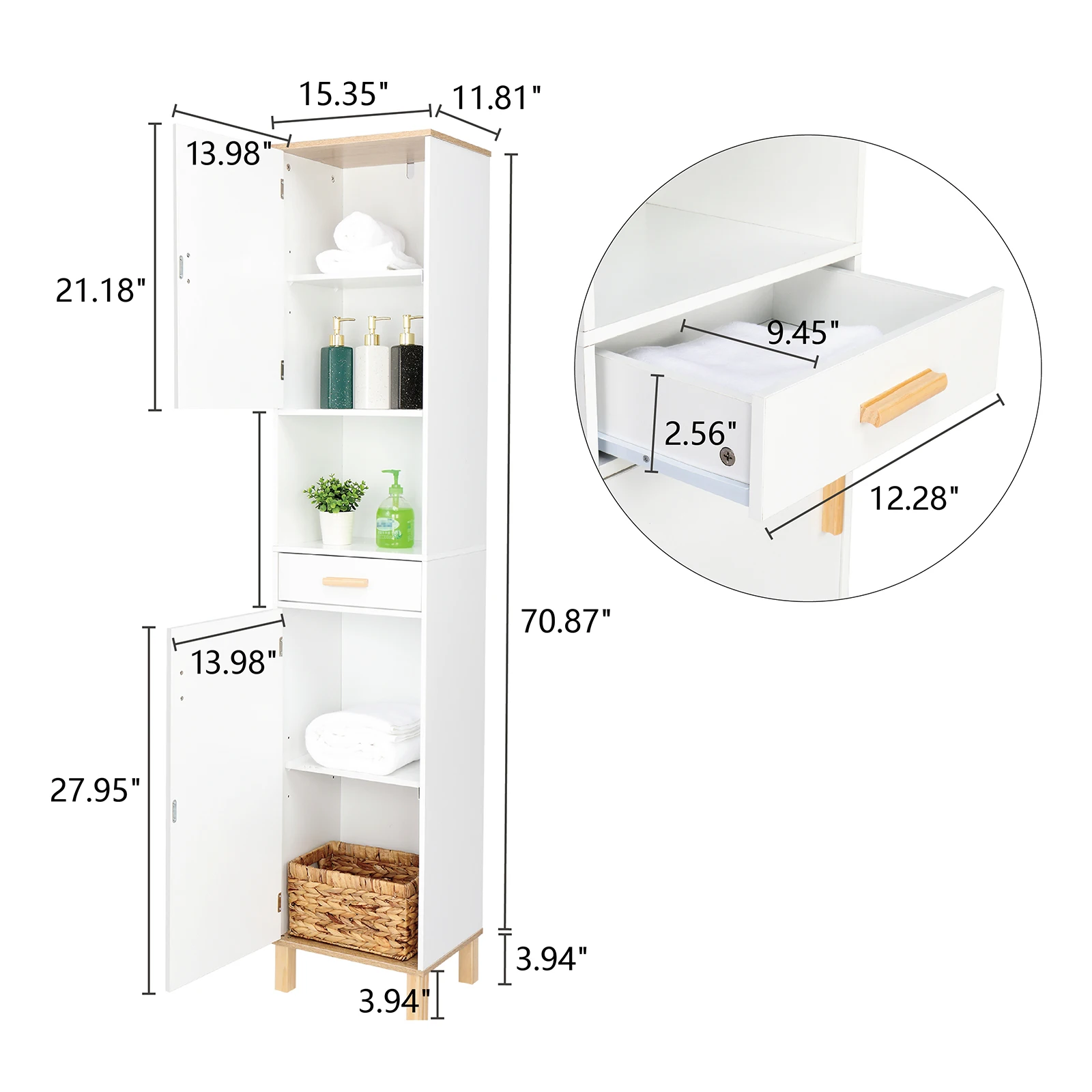 FCH Solid Wood Foot Single Drawer Double Door Bathroom High Cabinet 39x30x179CM White&Wood Grain Color[US-Stock]