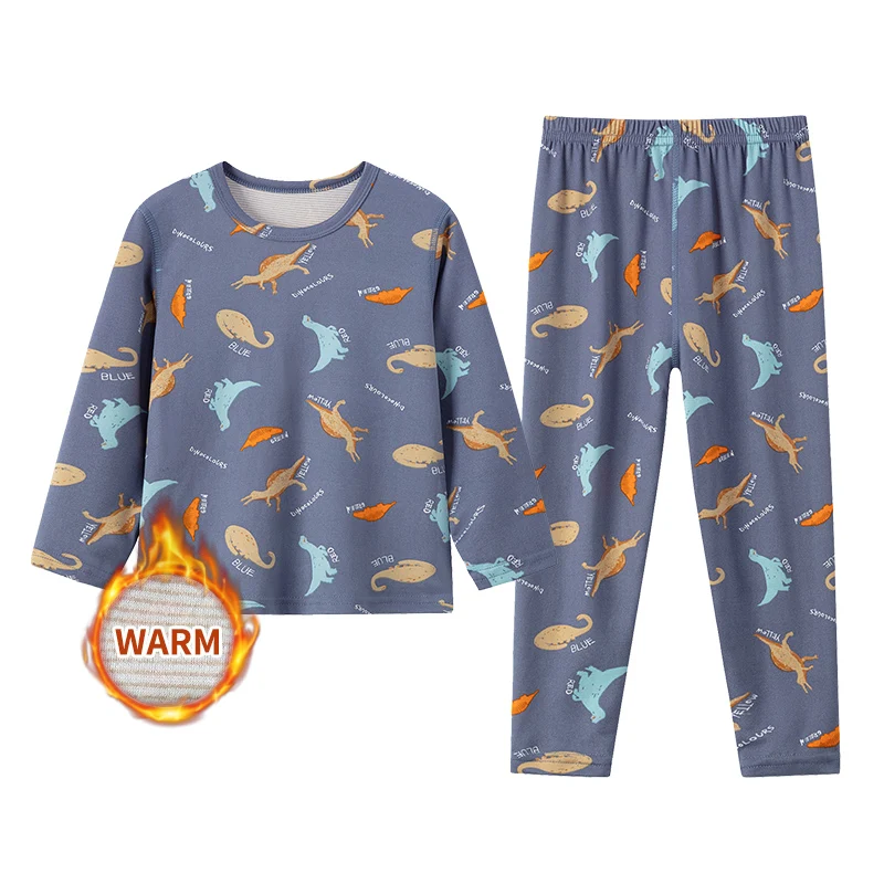 Children's 2-Piece Autumn and Winter Basic Autumn Clothes and Trousers Boy Blue Dinosaur Underwear Set Comfortable Pajamas