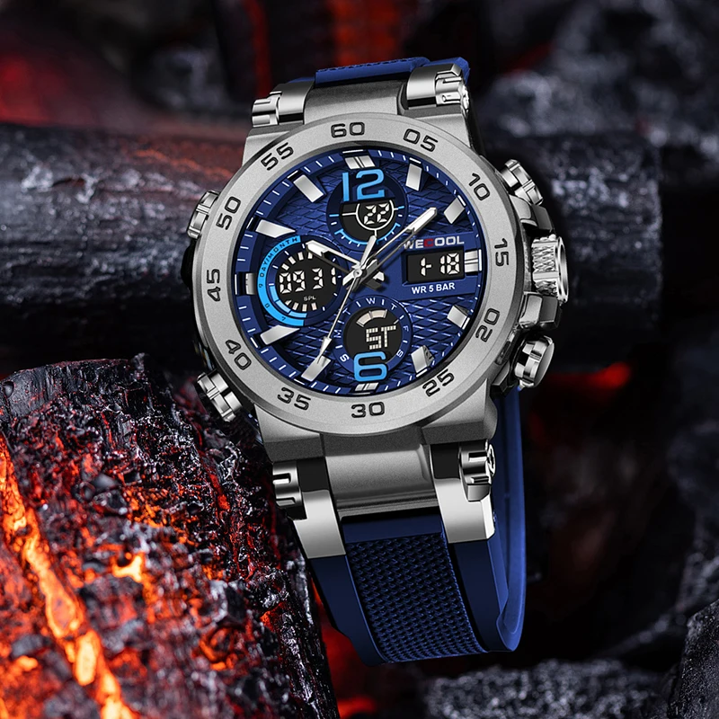 WECOOL Brand Dual Display Digital W-822 50M Waterproof Alarm Clock Luminous Watch For Man