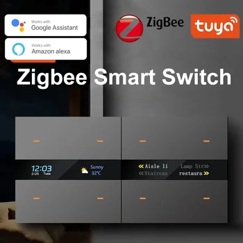Tuya สมาร์ท Zigbee สวิทช์พร้อมจอแสดงผลสภาพอากาศฟังก์ชั่นเหนี่ยวนําร่างกายมนุษย์ 4 GANG Wall Light ปุ่มสวิทช์รีโมทคอนโทรล
