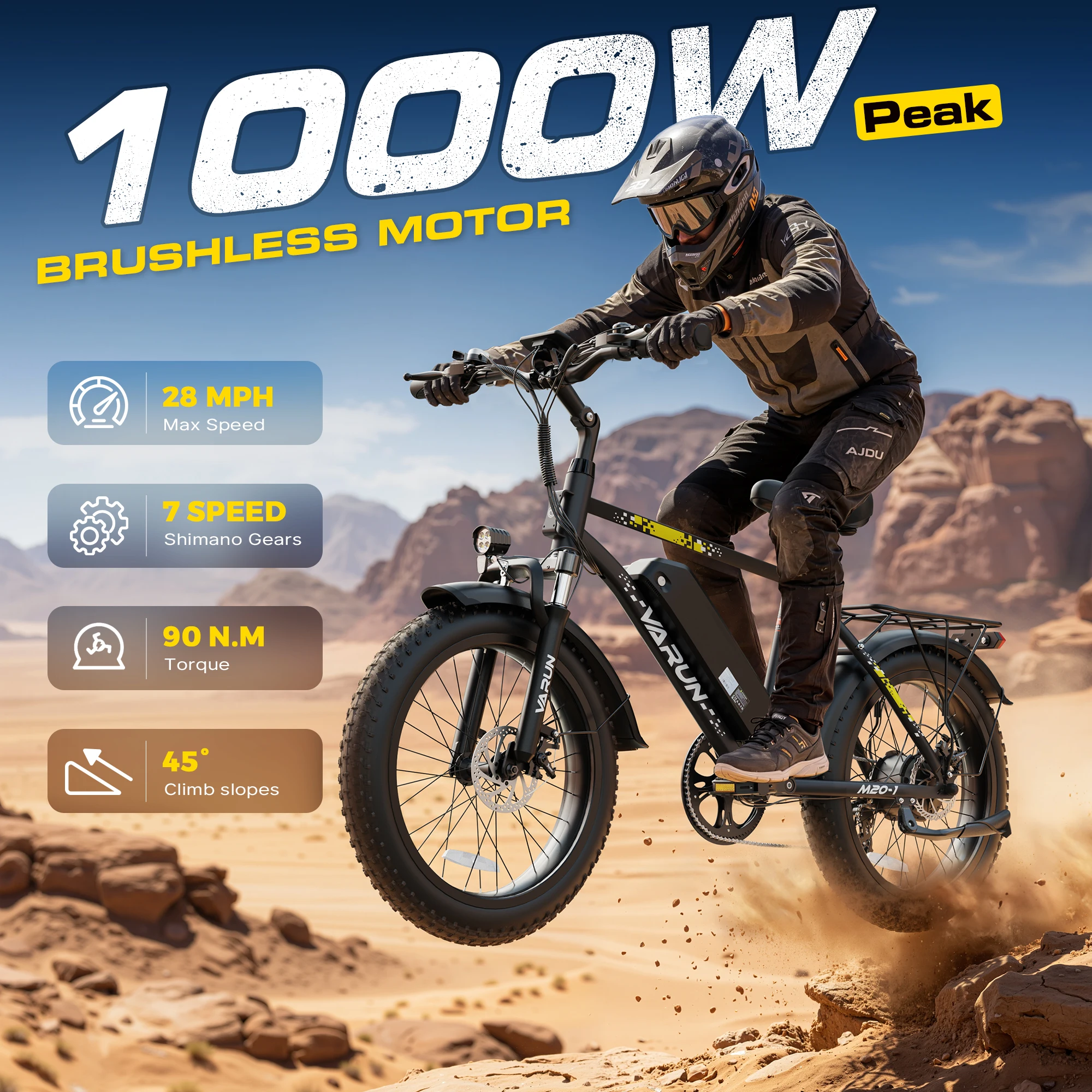  VARUN 1000W Peak Electric Bike for Adults, 20" 3.0" Fat Tire Ebike 48V 13Ah Removable Battery, 7-Speed 30-60+ Miles Range E-bike for Mountains, Snow, Sand - view 2
