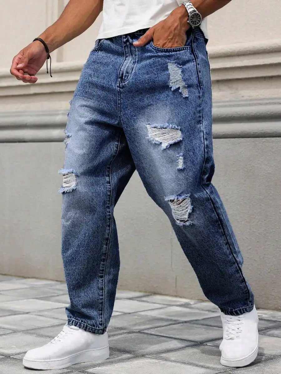 

Mens Washed Loose Fit Ripped Denim Jeans With Distressed Holes And Casual Style