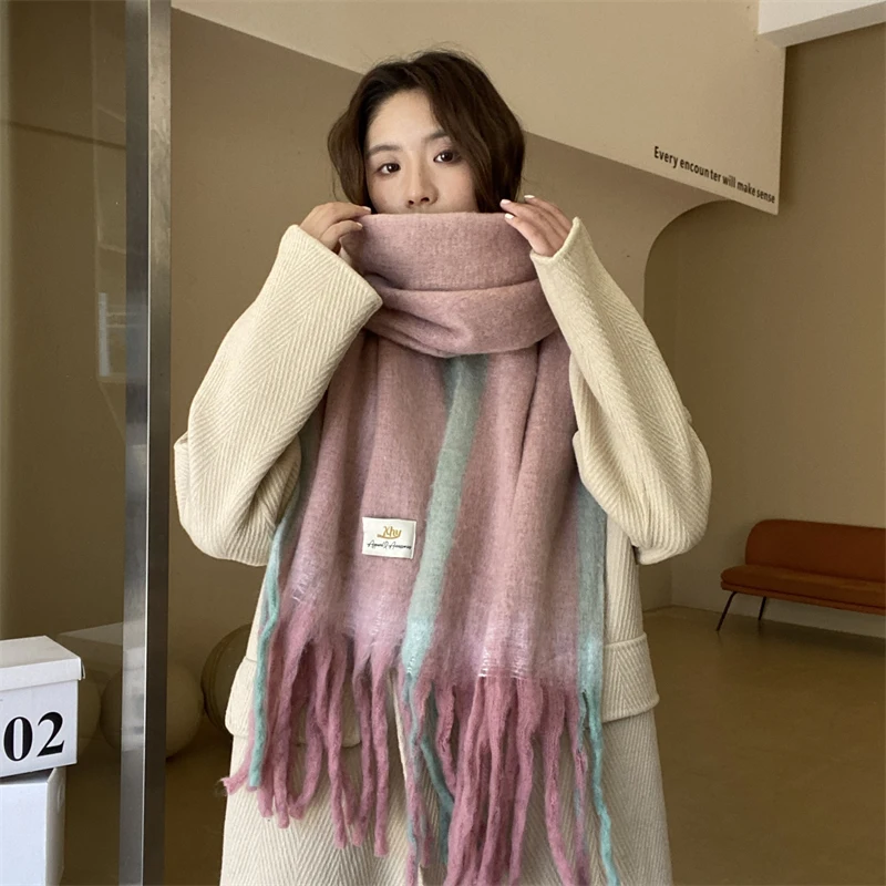 Large Winter Women Scarf Two-Tone Knitted Ponchos Cape Femme Shawl Wraps Pashmina Sjaals Bufandas Mujer Encharpe image 2