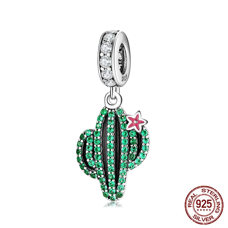 Hight Quality Silver Color Green CZ Zircon Cactus Necklace Charm Pendant fit Original Pandora Bracelet Beads Jewelry Making Gift