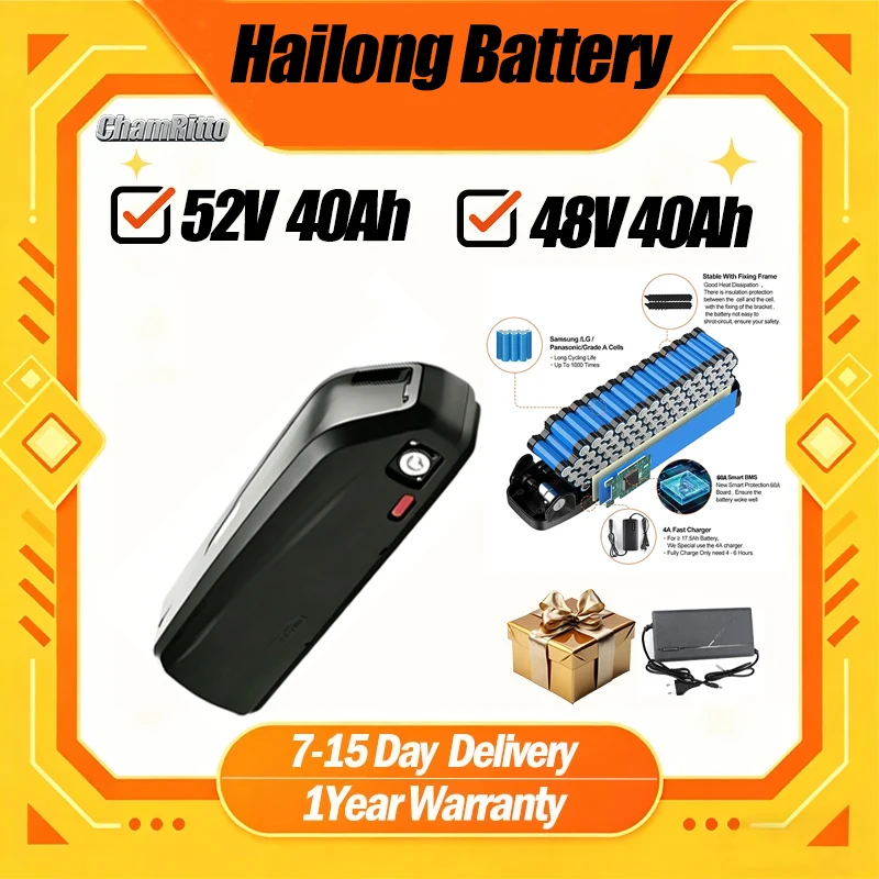 

48V 50AH 52V 36V 30AH Ebike Battery Hailong 18650 Max 60A BMS 60V 72V 40ah 750W 1000W 2000W Electric Scooter 21700 Lithium Cell