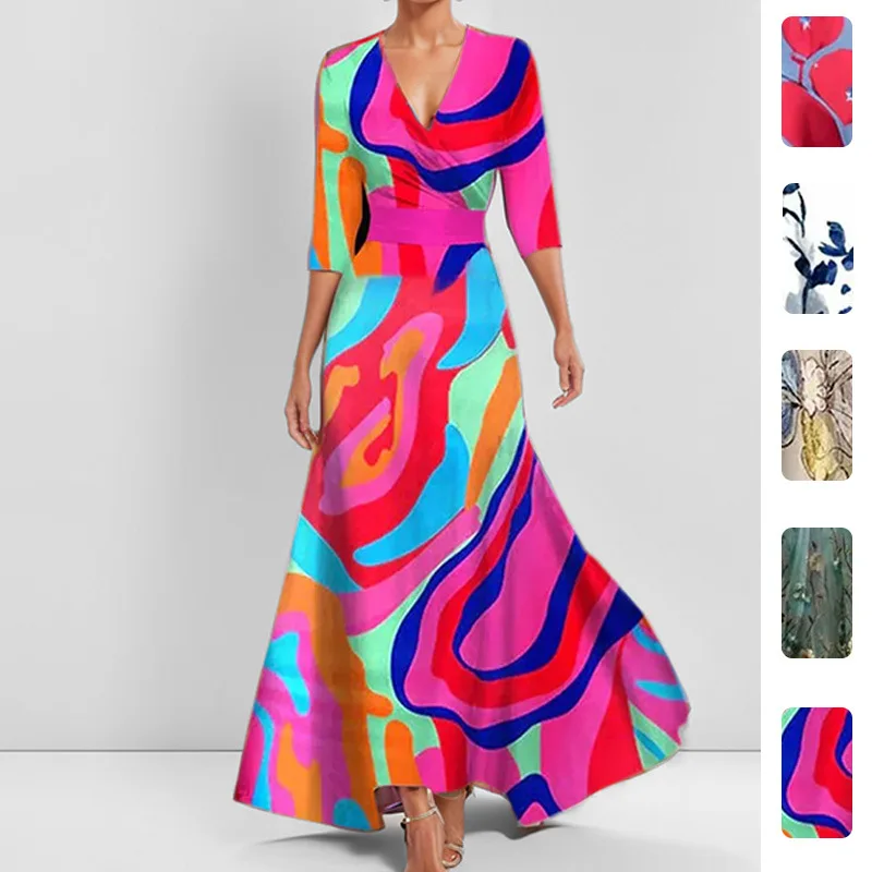 2026 Spring New Arrival Dress New Elegant Tight Waist Slim-Fit Printed V-Neck Long-Sleeved Dress Vestidos