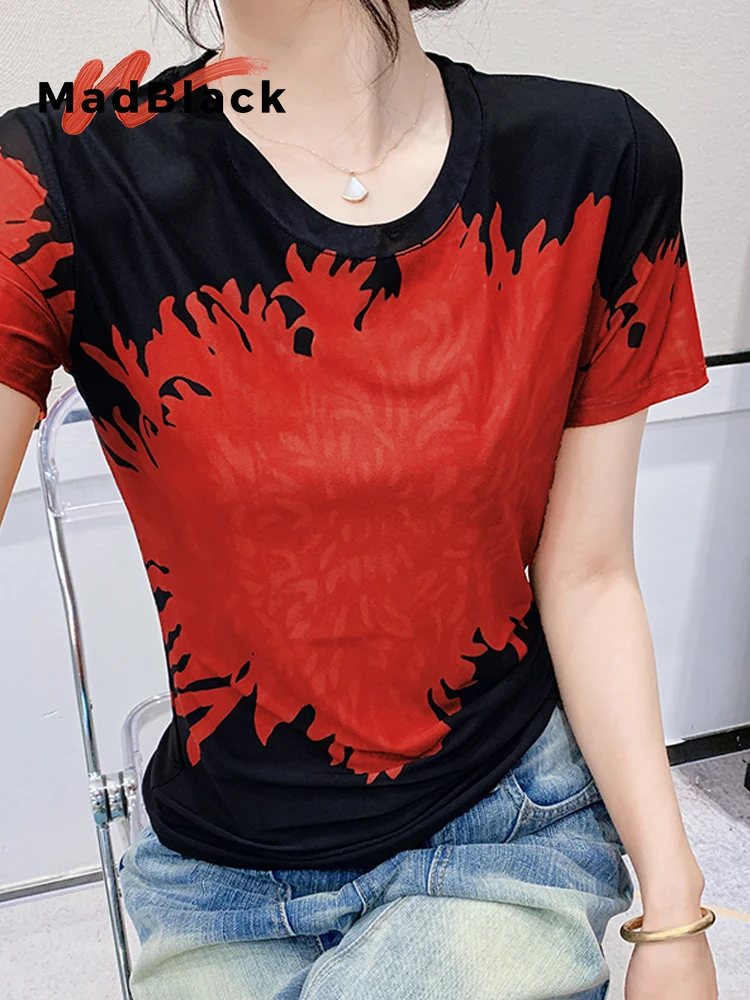 

MadBlack-Women European T-Shirt, Sexy O Neck Geometric Print, Streetwear Short Sleeve Slim Mesh S-3XL Tee, 2025 Summer T54131CC