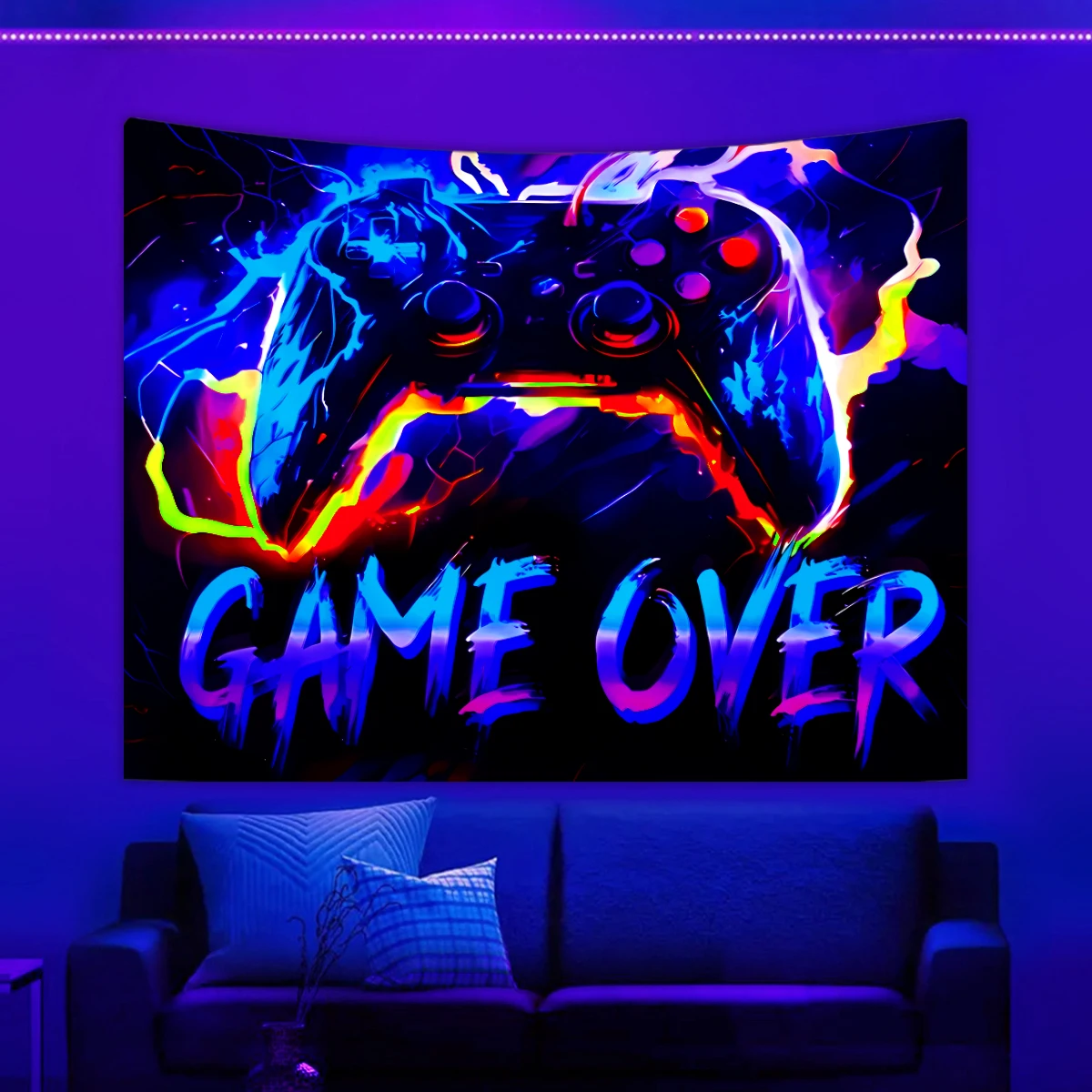 1pc UV reactive tapestry, game controller neon light effect tapestry, trendy and fashionable esports decoration tapestry