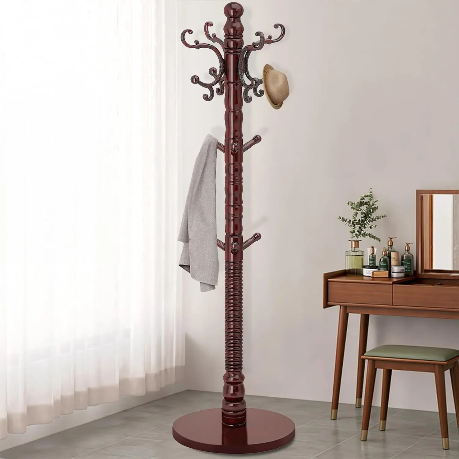 Wooden Coat Rack Stand with 14 Hooks, Sturdy Round Base, Vintage Entryway Tree Hanger Easy to Assemble