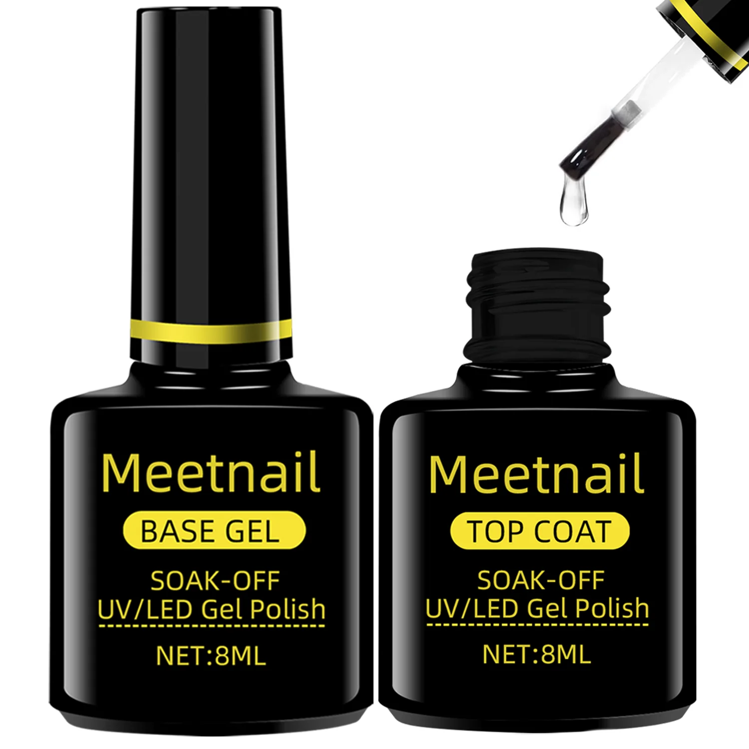 Set de 2 Piezas de Gel UV Base y Top Coat, Sin Necesidad de Limpiar, Alto Brillo, Larga Duración, para Lámpara LED UV, Salón Profesional, Manicura DIY, 8ml