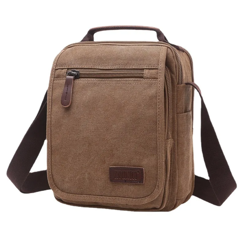 Retro Canvas Shoulder Bag with Cover Korean Version Men's Travel Work Commuting Crossbody Bag Thick Multi Pocket ID Handbag
