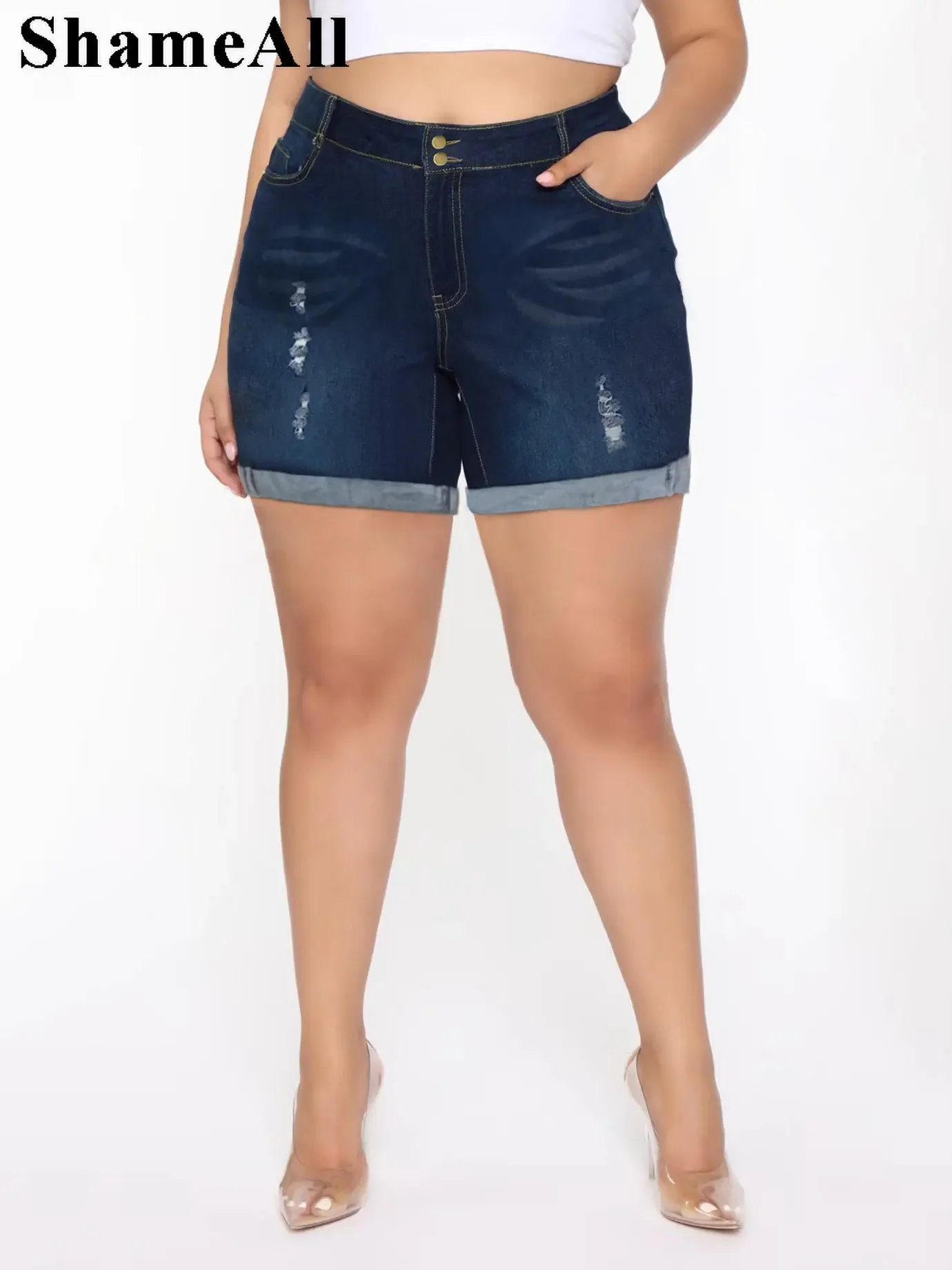 Plus Size Streetwear Push Up Slim Hip Cuffed Short Jeans 3xl 4xl Summer Korean Holes Women Ripped Casual Denim Shorts